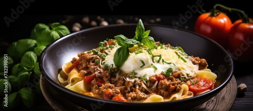 Bowl of pasta with savory meat and melted cheese