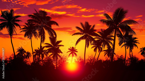 Silhouette of palm trees at tropical sunrise or sunset background © Alexander