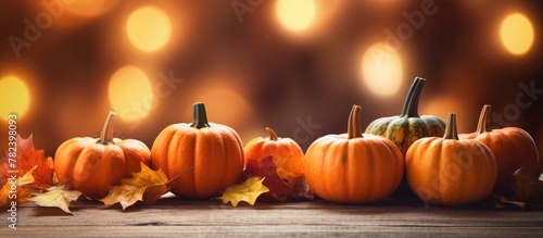 Pumpkins and leaves on wooden surface