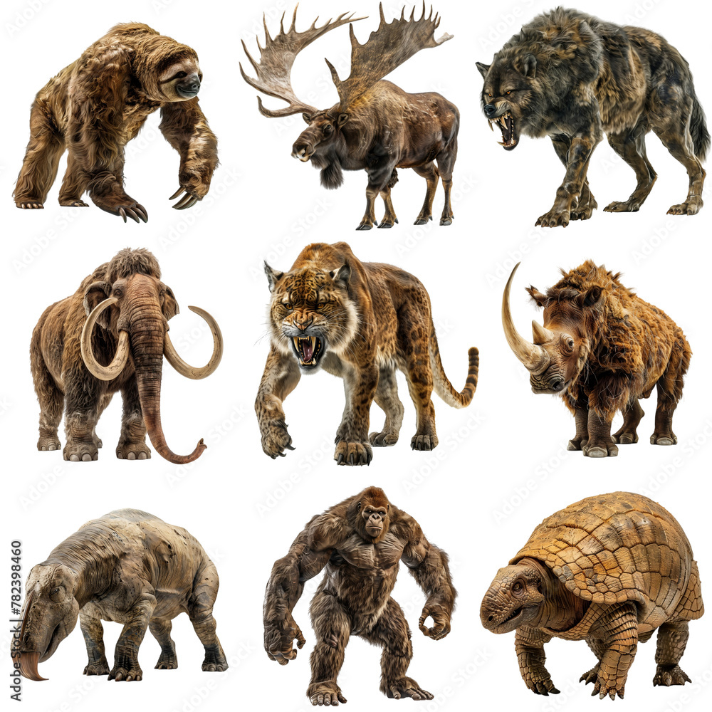 Fototapeta premium Set of ice age animals on transparent background. Pleistocene megafauna and extinct animals concept. Digital illustration for children, school, study, aid, elements for design 