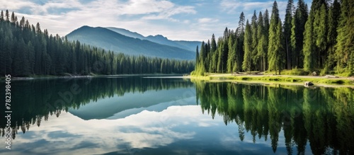 Reflection of trees in mountain lake