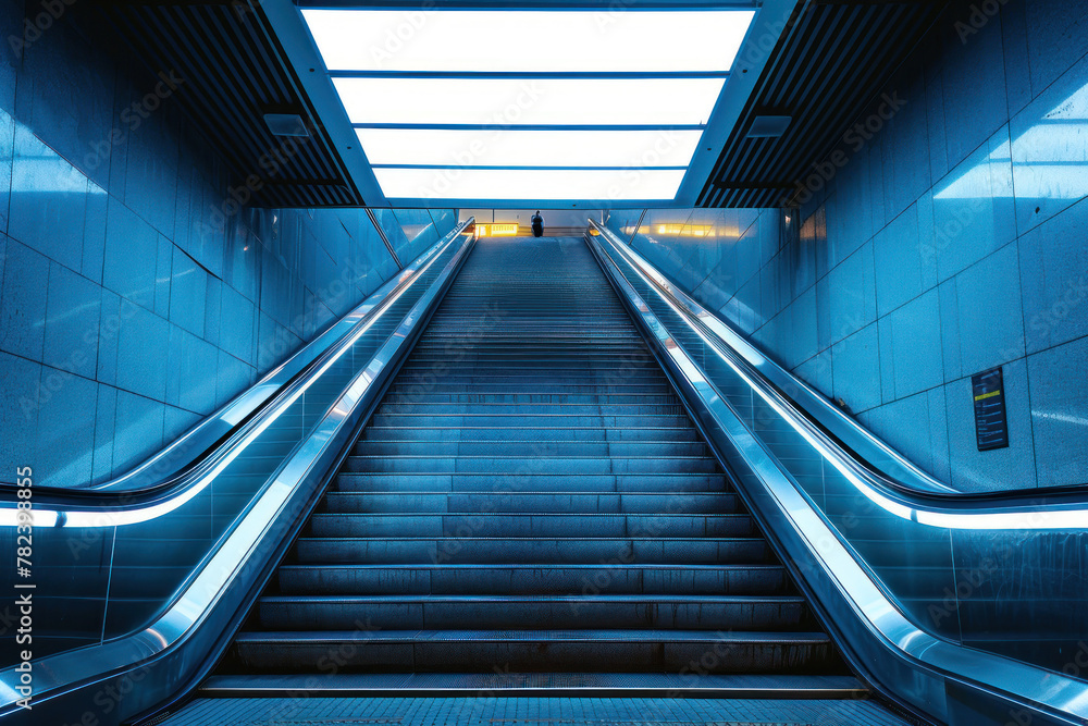 Escalator ascending towards a bright daylight opening in a clean and modern urban subway setting Escalator ascending towards a bright daylight opening in a clean and modern urban subway setting
