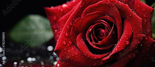 Close-up red rose water drops