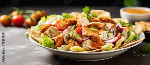 Bowl of chicken and vegetable salad on table