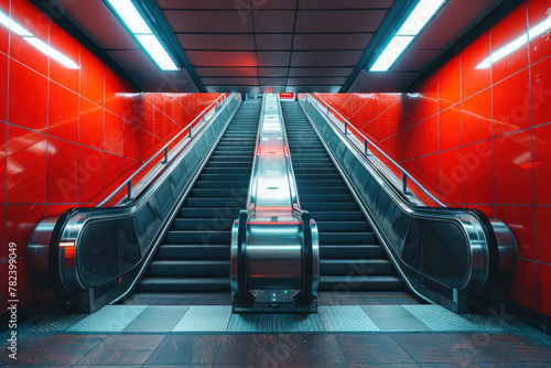 A vivid red escalator ascending in a futuristic subway station, portraying a sense of urban progression