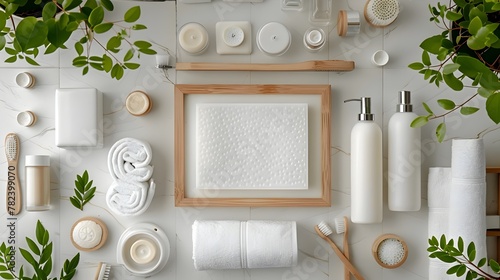 Cubist Arrangement of Bathroom Essentials on a Pristine White Background
