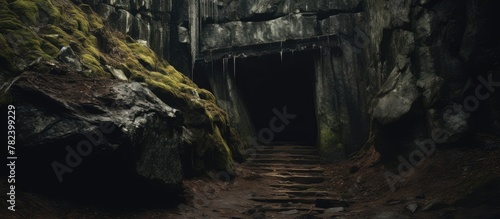 Dark cave entrance with stairs