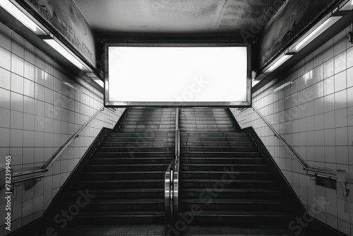 A monochrome shot of a vacant subway station with a central staircase leading to a striking blank billboard for ads