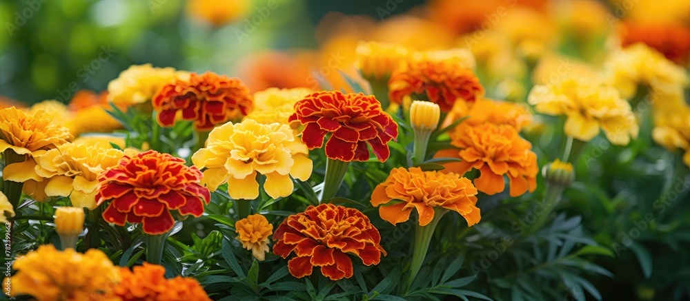 Colorful marigolds bloom amidst green foliage