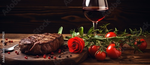 Juicy steak, wine, tomatoes