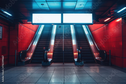 A striking image featuring an escalator bathed in red light leading to two empty advertising spaces