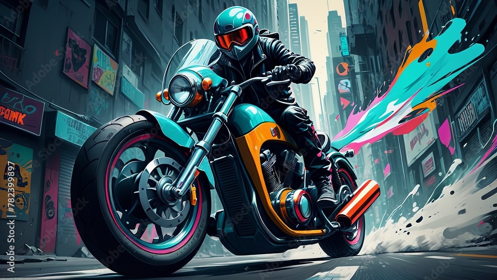 Neon Rider: Dynamic Motorcycle Street Art Scene