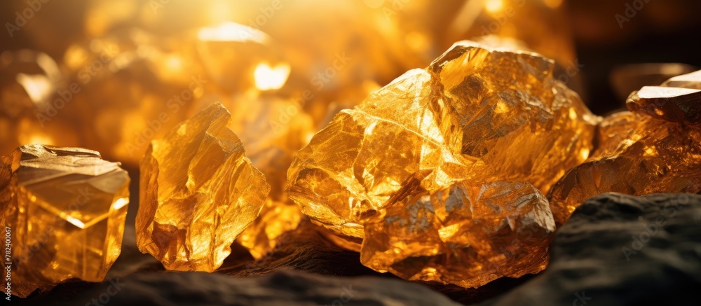 Close-up of clustered golden crystals on a rock Close-up of clustered golden crystals on a rock
