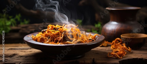 Bowl with steaming food and...