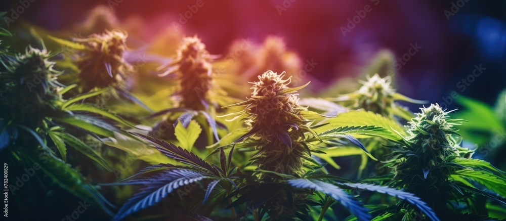 Close-up of marijuana plants in a field - obrazy, fototapety, plakaty 