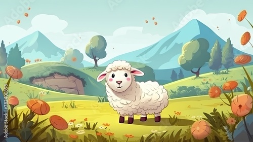 Adorable Cartoon Sheep Grazing in Idyllic Meadow Generative AI