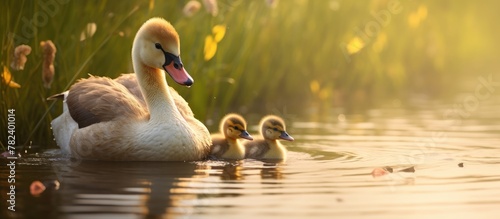 Swan mother and two cygnets...