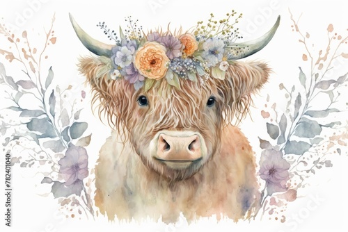 Whimsical Watercolor Highland Cow with Flower Crown Generative AI