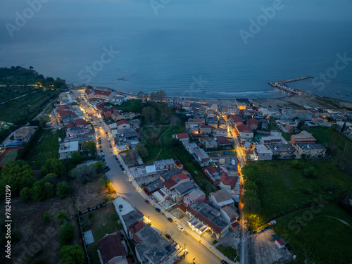 Aerial drone view od roda beach in north corfu Greece by night