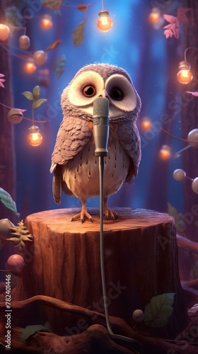 Adorable Owl Performing on Woodland Stage Generative AI