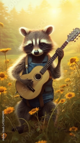 Playful Raccoon Performing on Bluegrass Stage Generative AI