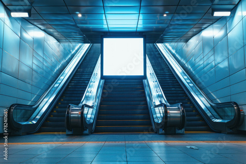 A wide corridor in a subway station featuring escalators and a large advertising board, lit with a blue hue photo