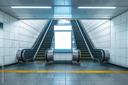 Pristine subway station with a clean escalator leading to a well-lit blank advertising space photo