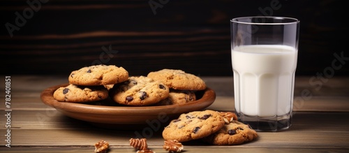 Plate of oatmeal raisin cookies with glass of milk