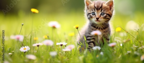 Small kitten exploring grass