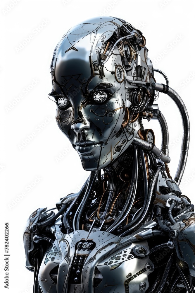 Naklejka premium Cybernetic Female Android Portrait with Neon Eyes Generative AI