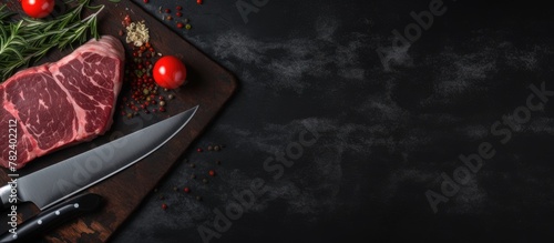 A knife cuts a steak on a w...
