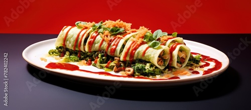 Plate holds saucy roll, whi...