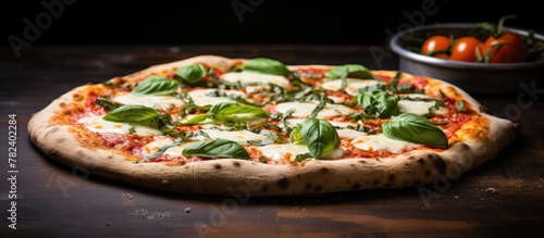 Delicious Margherita pizza topped with fresh basil and tomatoes