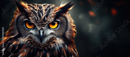 Large owl with striking yellow eyes against black background photo
