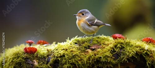Small bird perched on mossy...