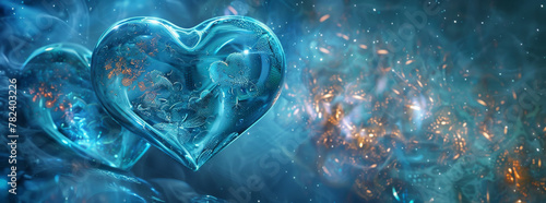 Shimmering blue heart in magical ambiance