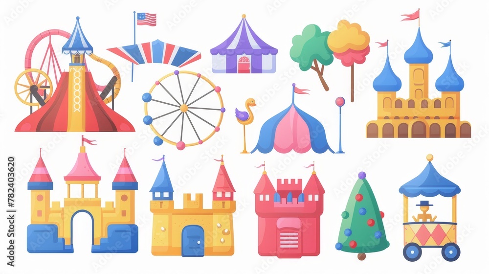 An amusement park in summer with a carnival tent, a roller coaster, a castle, and a candy cotton cart. Modern cartoon set of summer attractions.