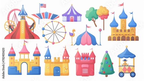 An amusement park in summer with a carnival tent  a roller coaster  a castle  and a candy cotton cart. Modern cartoon set of summer attractions.