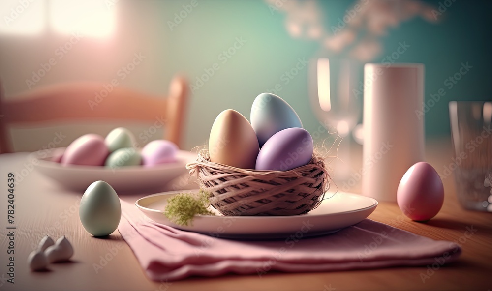 Soft, Ethereal Easter Dinner Scene Generative AI - obrazy, fototapety, plakaty 