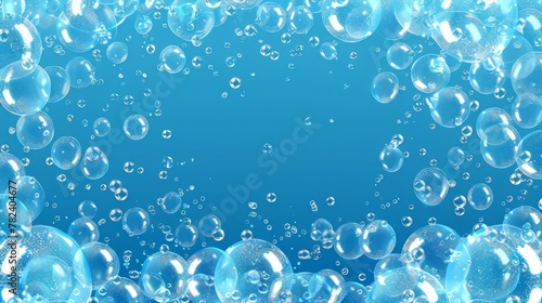 A realistic blue 3d modern illustration featuring air bubbles, effervescent water fizz border, and randomly moving underwater fizz.