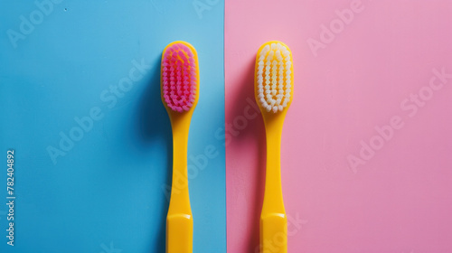 Toothbrushes in cheerful colors  yellow and pink  lie on a vibrant dual-colored backdrop  waiting for your personal touch.