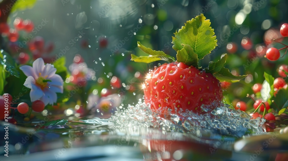 Vibrant Strawberry Captured in Captivating Macro Among Lush Greenery and Sparkling Droplets
