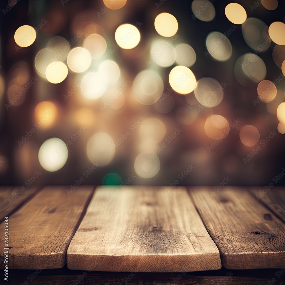 Vintage Rustic Wood Table Top with Blurred Bokeh Wedding Background Generative AI