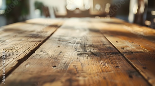 Secluded Rest: A polished Wooden Bench plank Amidst empty Scenery , old wooden table