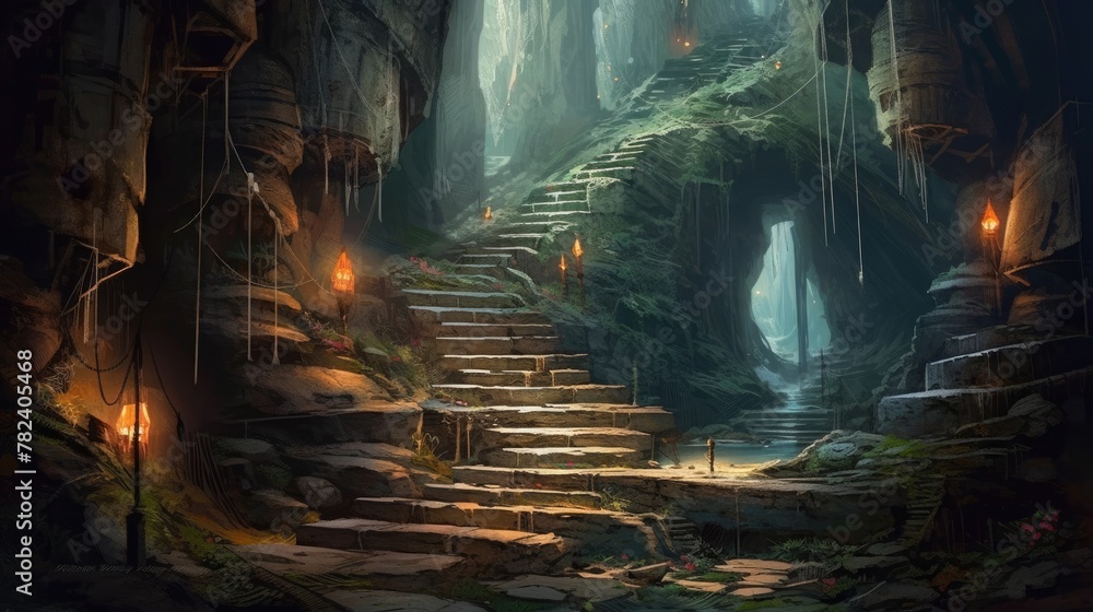 Fabled Mystery of the Deep Mountain Stone Cave Stairs Generative AI Fabled Mystery of the Deep Mountain Stone Cave Stairs Generative AI