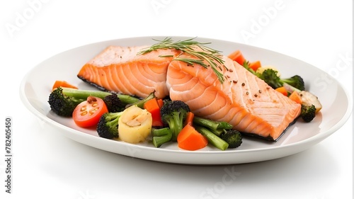Cooked salmon fish with vegetables on isolated white background