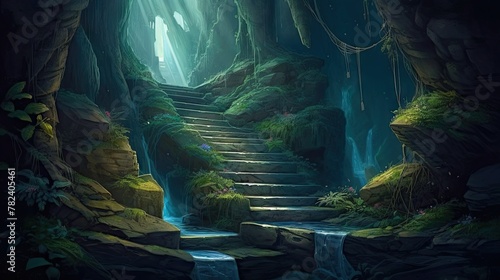 Mythical Mountain Sanctuary - Otherworldly Stone Cave Illustration Generative AI #782405461