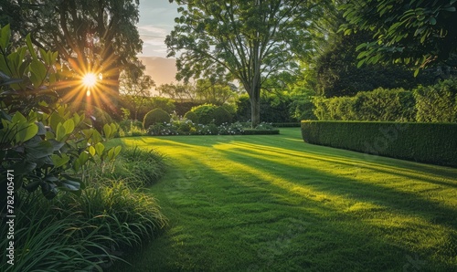 Beautiful green lawn with lush grass in the garden at sunset, golden sunlight filtering through green trees