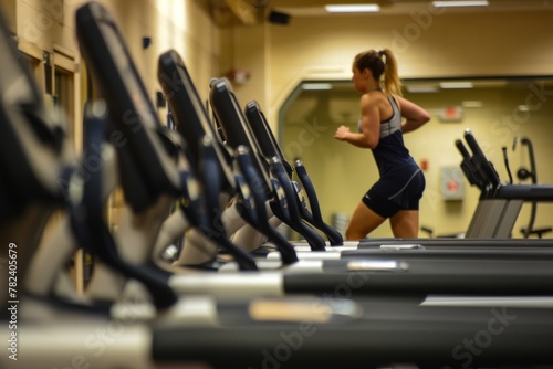 Female in sportswear dances on treadmill for physical fitness