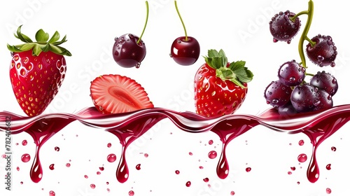 Splash of red juice or wine isolated on transparent background. Modern realistic wave of strawberry, grape, or cherry juice flowing horizontally through a container. photo